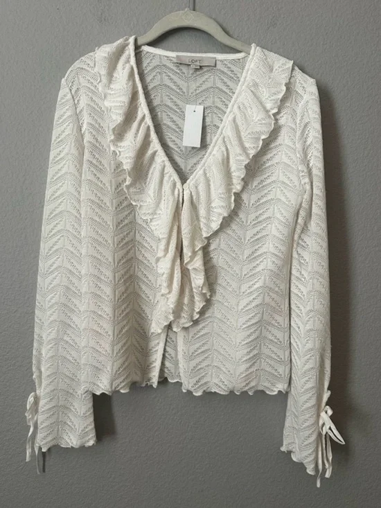 Loft Pointelle Ruffle Tie Cuff Top - Picture 4 of 9